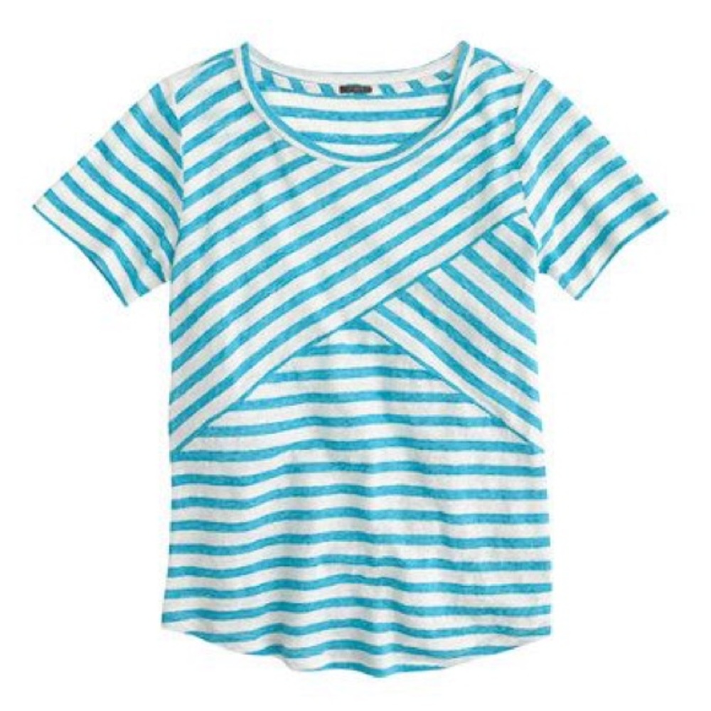 J. Crew Aqua Linen Cross Stripe T Shirt - Picture 1 of 8